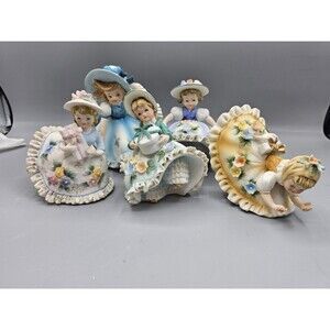 Vtg Set Of 5 Ceramic Lefton Bloomers Petticoat Girls Japan Dresses Flowers